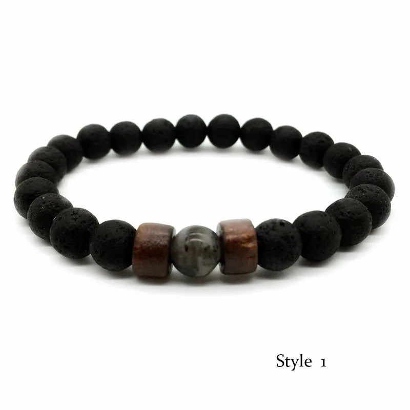 Pulsera de Piedra Volcánica de 8mm para Hombre – Lava y Madera con Buda Tibetano, Hecha a Mano, Elástica