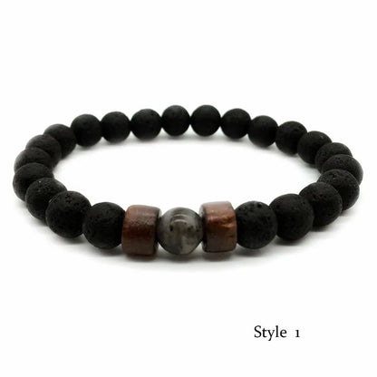 Pulsera de Piedra Volcánica de 8mm para Hombre – Lava y Madera con Buda Tibetano, Hecha a Mano, Elástica