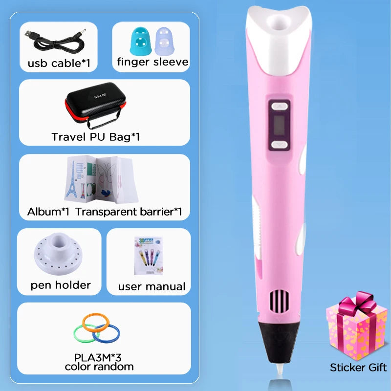 Kids 3D Printing Pen con Pantalla LCD y Stickers – Compatible con Filamento PLA, Seguro y Creativo, Regalo de Cumpleaños para Niños y Niñas