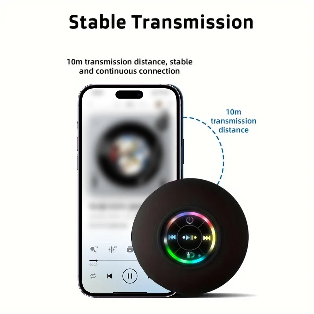 Altavoz Bluetooth portátil con ventosa – IPX4 resistente al agua, manos libres y sonido estéreo para baño y exteriores