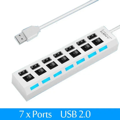 USB Hub 7 Puertos 2.0 – Adaptador Extensor de Datos para Laptop y PC