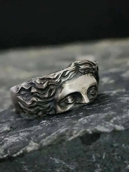 Anillo Retro para Hombre Máscara Venus – Joyería Estilo Thai en Plata Antigua con Relieve Ajustable