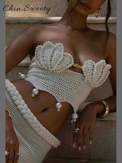 Conjunto Bikini Mujer 2025 | Crochet Hueco con Perlas Top y Falda Playa