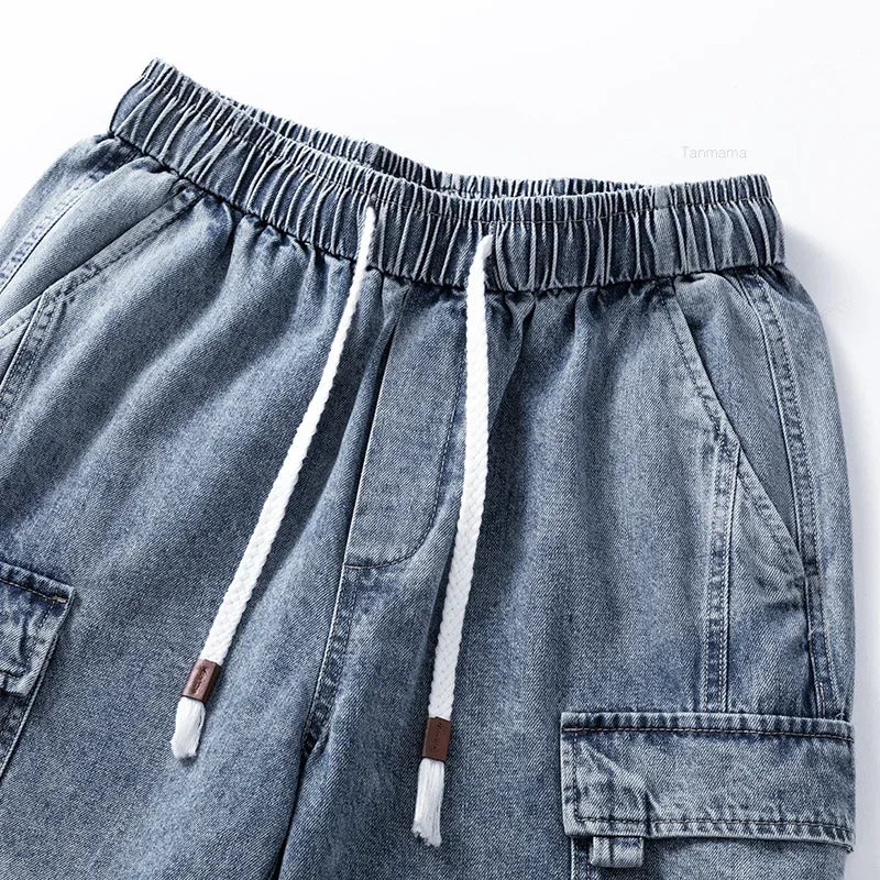 Shorts Vaqueros Hombre Oversize Verano | Pantalones Cortos Cargo Casual Estilo Coreano con Cintura Elástica Azul Gris