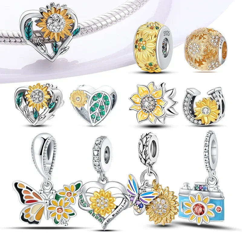 Charm Corazón con Girasoles Dorados en Plata 925 | Beads para Pulsera Original Pandora