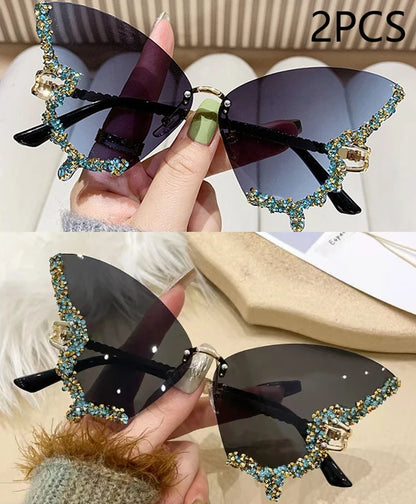 Gafas de Sol Mariposa Diamante Mujer | Vintage Y2K Oversized Rimless Eyewear de Lujo