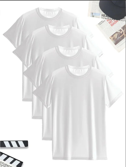 4pcs Men Tshirt summer Thin White black Solid color Quick Drying Breathable Sweat-Absorbent tee Suitable for Fitness Gym and Run