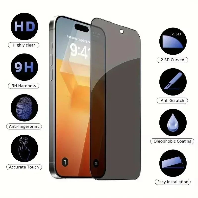 5 Piezas Protector de Pantalla Privacidad Vidrio Templado 8K para iPhone 16 15 14 13 12 11 Pro Max XR XS X – Cristal Anti-Spy