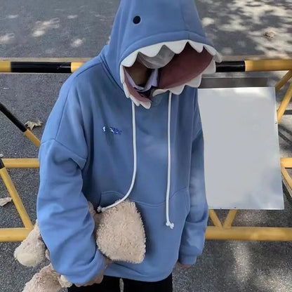 Hoodie Oversize Tiburón Patchwork Unisex | Sudadera Kawaii Casual Otoño Invierno