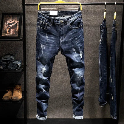 Jeans Hombre High Street | Pantalón Slim Fit Ripped Recto Elástico Streetwear Todo el Año 2025