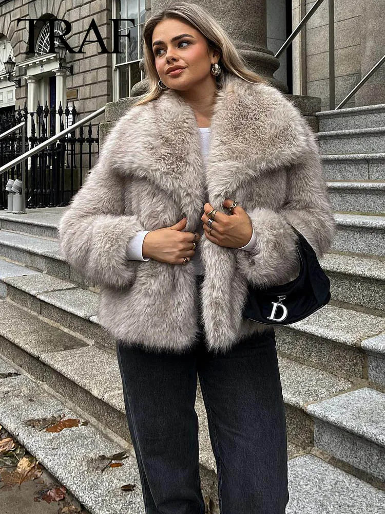 Chaqueta Corta Mujer Invierno | Abrigo Pelo Sintético con Cuello Solapa y Botones Snap Chic Elegante