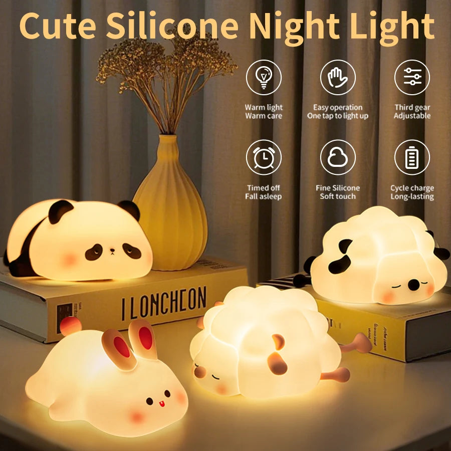 LED Night Light Cute Panda Sheep Rabbit Touch Silicone Nightlights USB Rechargeable For Bedroom Decoration Kids Birthday Gift