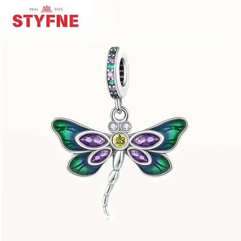 Charm Plata S925 Mariposa Libélula Flores con Gemas | Compatible Pulsera Pandora