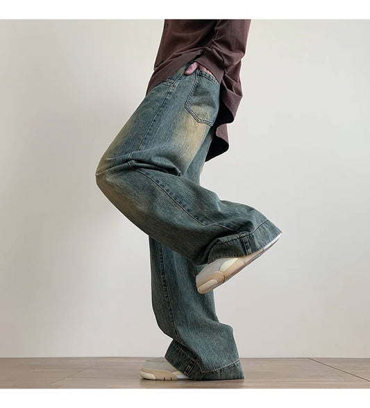 Jeans Azules Vintage Desgastados Hombre | Pantalones Vaqueros Baggy Rectos Oversize Wide-Leg Moda Streetwear Casual