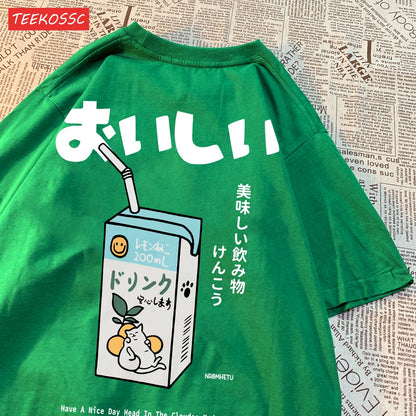 Camiseta Oversize Unisex Algodón | Estampado Japonés Gatito Harajuku Casual Verano