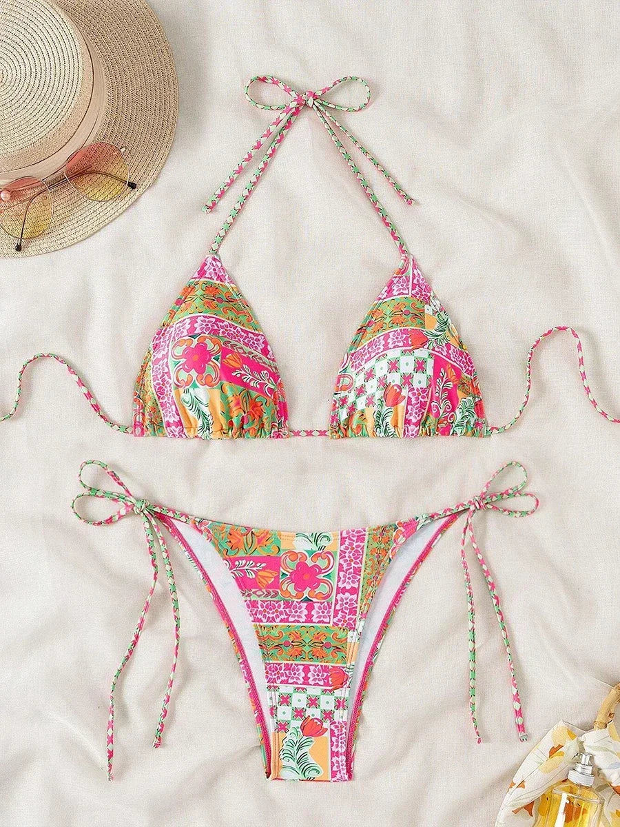 Bikini Micro Mujer 2025 | Floral Halter Thong Playa y Piscina