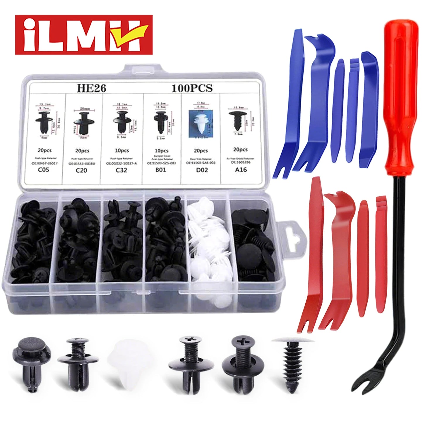 Kit 100 Clips Sujetadores Plásticos para Carro | Remaches Universales Puerta, Parachoques, Guardabarros + Herramienta