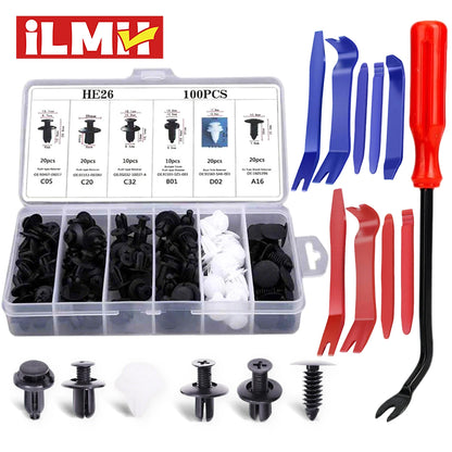 Kit 100 Clips Sujetadores Plásticos para Carro | Remaches Universales Puerta, Parachoques, Guardabarros + Herramienta