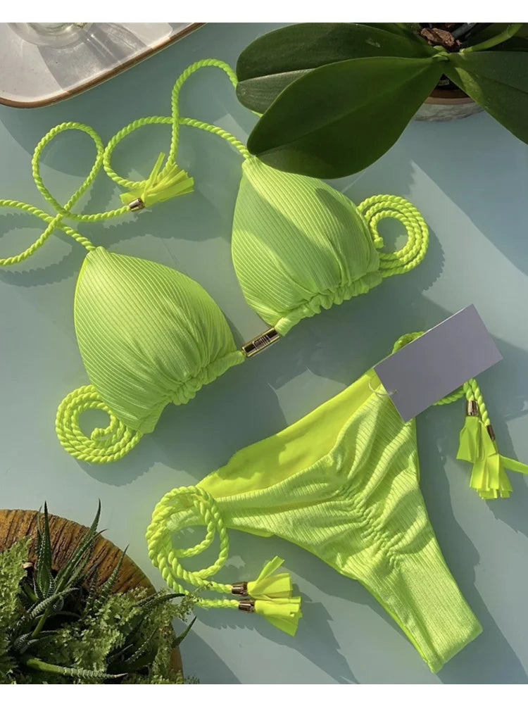 Bikini Mujer 2025 | Triángulo Multicolor Sin Espalda con Cordón