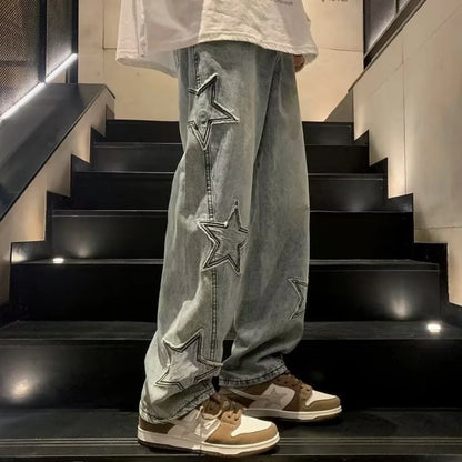 Jeans Hombre Bordado Estrella | Pantalones Rectos Anchos Hip Hop Streetwear Y2K Juvenil Unisex