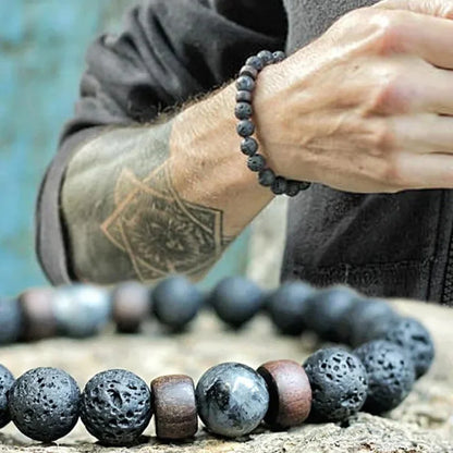 Pulsera de Piedra Volcánica de 8mm para Hombre – Lava y Madera con Buda Tibetano, Hecha a Mano, Elástica