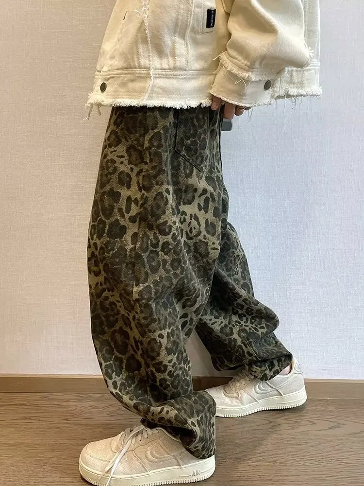 Jeans Oversize Leopardo para Hombre – Pantalones Denim de Pierna Ancha, Streetwear Hip Hop Vintage, Casual con Estampado Animal