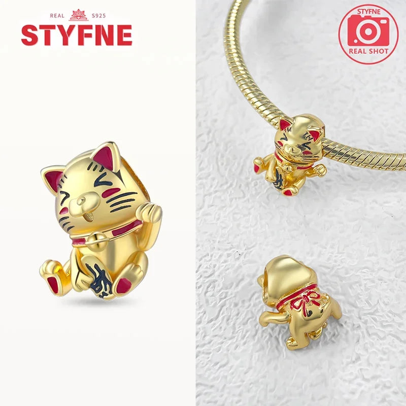 Charm dragón chino y gato de la suerte en plata 925 – Abalorios clásicos para pulsera tipo Pandora, joyería DIY para mujer