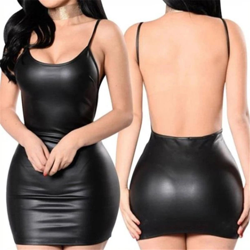 Vestido Sexy Mujer Cuero Sintético | Mini Vestido Negro Ajustado Espalda Descubierta con Push Up
