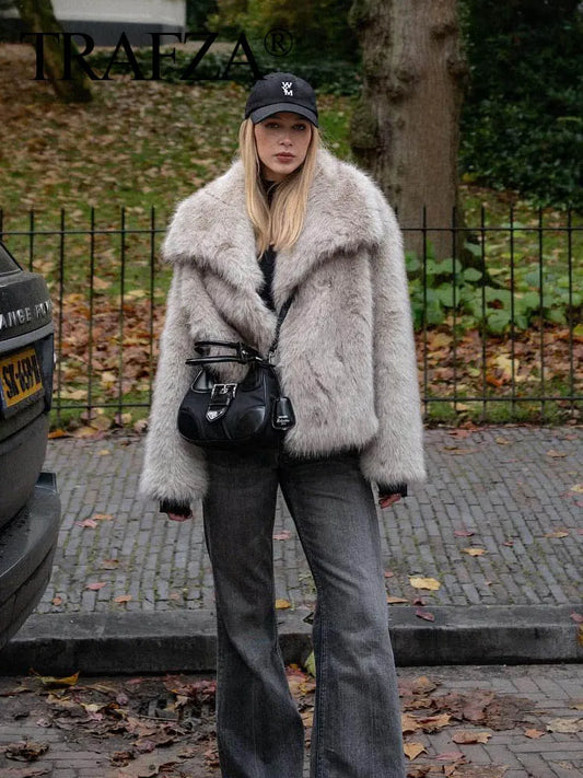 Chaqueta Corta Mujer Invierno | Abrigo Pelo Sintético con Cuello Solapa y Botones Snap Chic Elegante