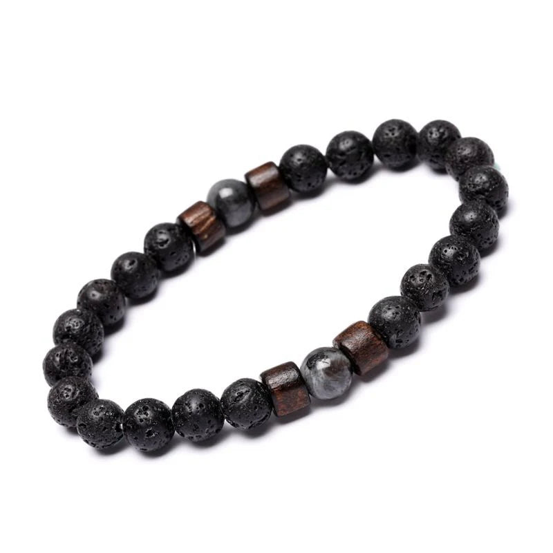 Pulsera de Piedra Volcánica y Madera – Estilo Tibetano con Cuentas, Unisex, Joyería de Energía y Equilibrio