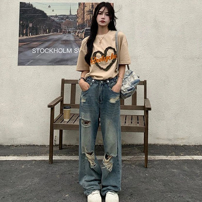 Jeans Vintage Y2K Mujer | Pantalón Vaquero Ancho de Tiro Alto con Rotos Streetwear