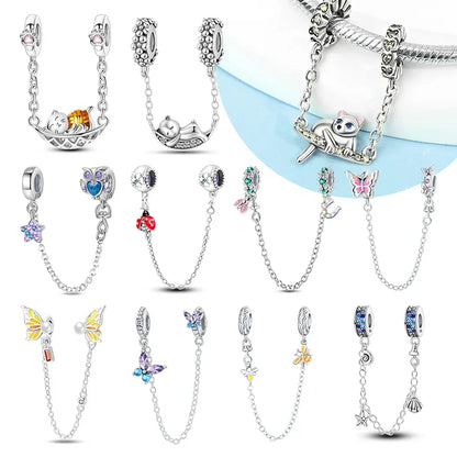 Charm Gato con Corazón de Plata 925 | Cadena de Seguridad para Pulseras Pandora Mujer