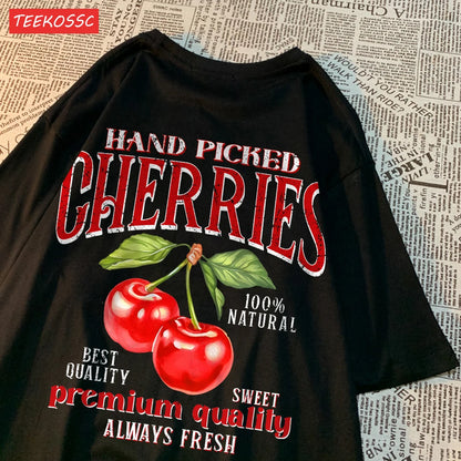 Camiseta Oversize Mujer Verano | Algodón Estampado Limones y Cerezas Casual
