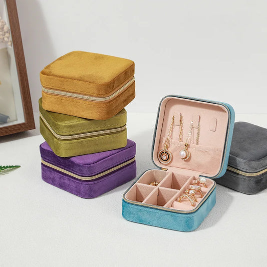 Estuche de Terciopelo para Joyería - Caja Organizadora Portátil con Cremallera para Anillos, Aretes y Collares