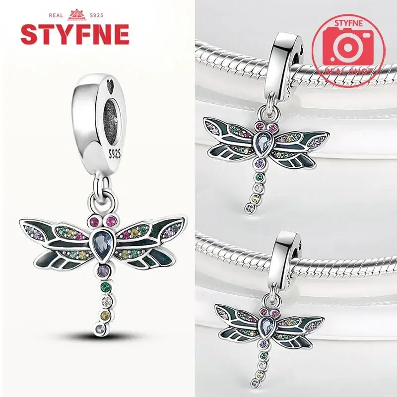 Charm Plata S925 Mariposa Libélula Flores con Gemas | Compatible Pulsera Pandora