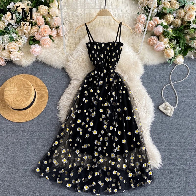 Vestido Verano Mujer Estilo Coreano | Vestido Midi Doble Capa con Tirantes y Estampado de Margaritas
