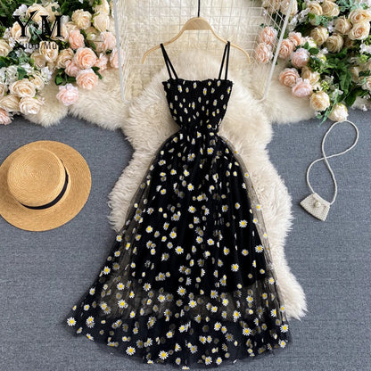 Vestido Verano Mujer Estilo Coreano | Vestido Midi Doble Capa con Tirantes y Estampado de Margaritas