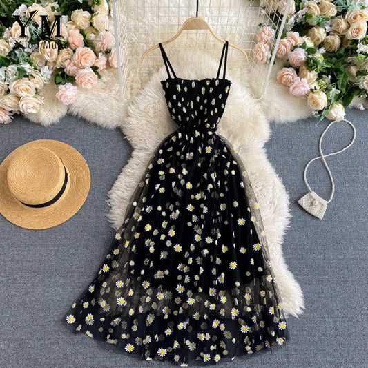 Vestido Verano Mujer Estilo Coreano | Vestido Midi Doble Capa con Tirantes y Estampado de Margaritas