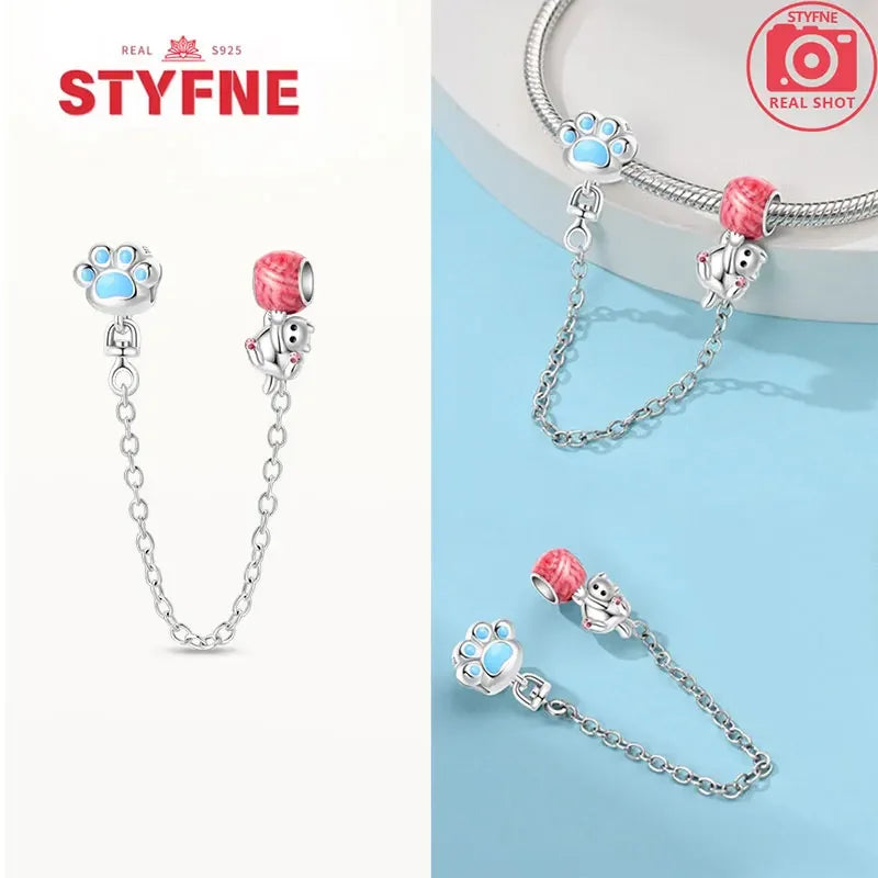 Charm Gato con Corazón de Plata 925 | Cadena de Seguridad para Pulseras Pandora Mujer