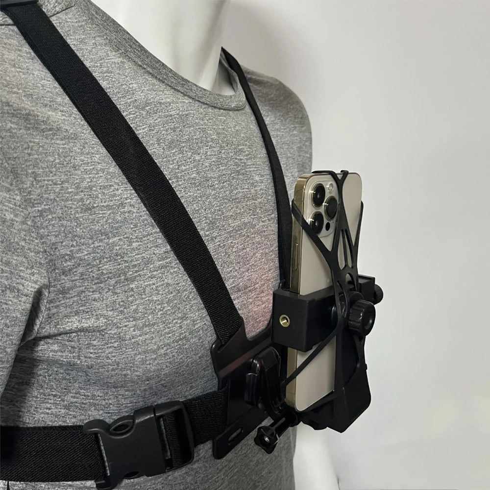 Arnés de pecho con soporte giratorio para smartphone – Compatible con iPhone, GoPro Hero 12/11/10/9, Insta360 X3 y DJI