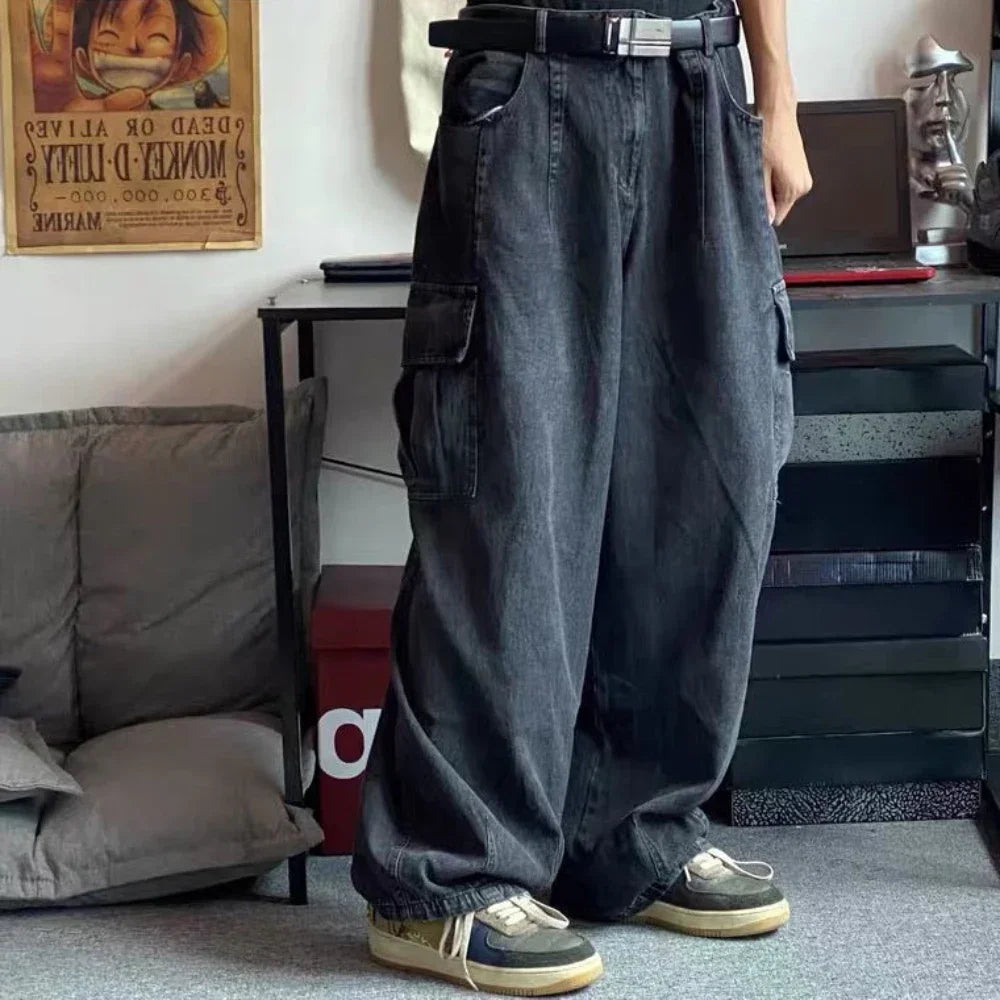 2025 Jeans Men's Oversize Cargo Korean Black Wide Pants Streetwear Hip Hop Harajuku Male Fashion Straight Denim Pants