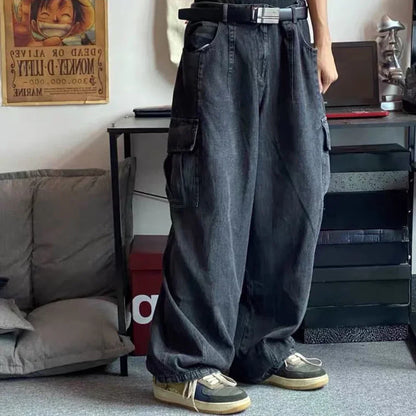 2025 Jeans Men's Oversize Cargo Korean Black Wide Pants Streetwear Hip Hop Harajuku Male Fashion Straight Denim Pants