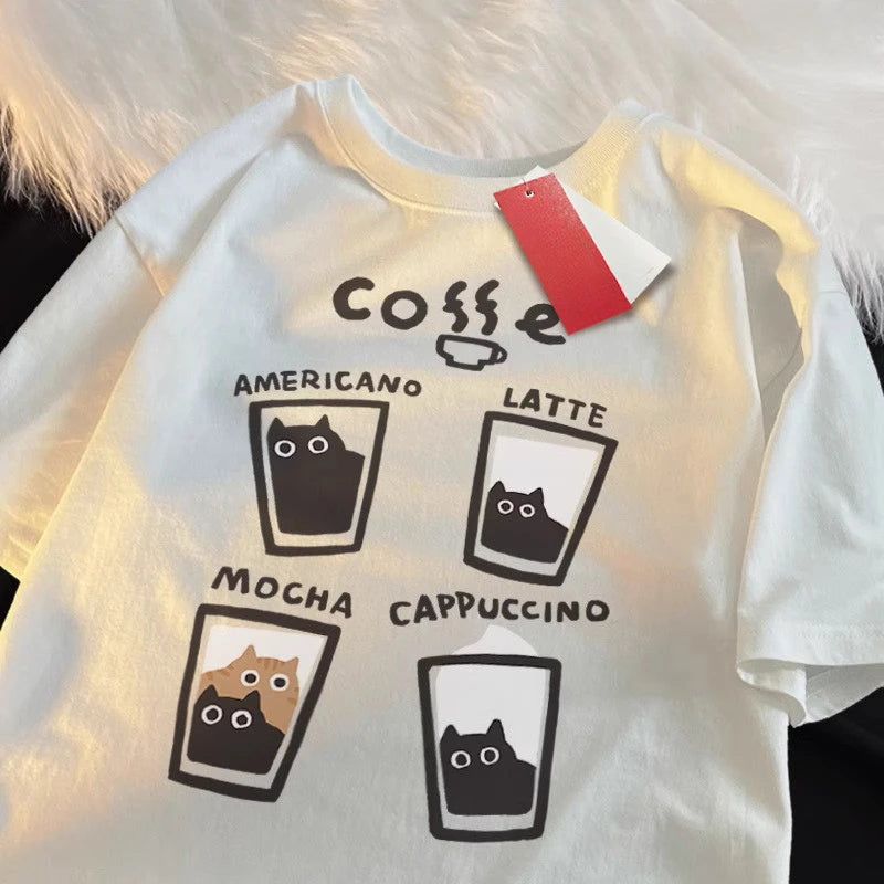 Camiseta Oversize Unisex | Estampado Gatito Café Crema Verano Streetwear
