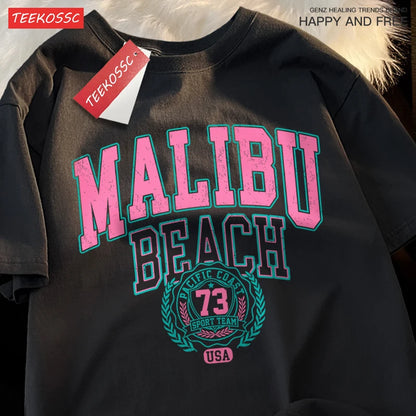 Camiseta Oversize Malibu Beach – T-shirt Casual Unisex con Estampado de Letras, Algodón, Cuello Redondo