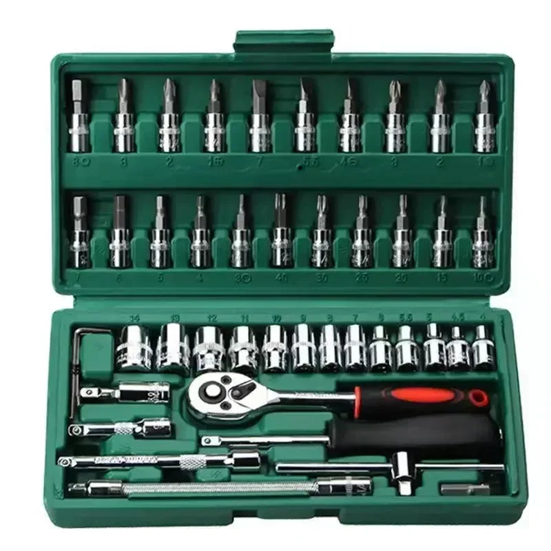 46/53pcs Juego de Dados y Llaves de Trinquete 1/4” – Kit de Herramientas Mecánicas para Reparación de Autos