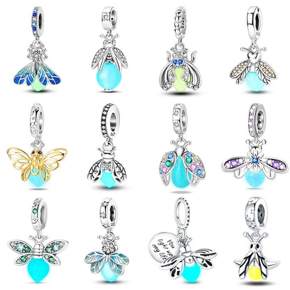 100% 925 Sterling Silver Creative Blue Luminous Firefly Charms Pendants Fit Qikaola 925 Original Bracelets DIY Birthday Jewelry