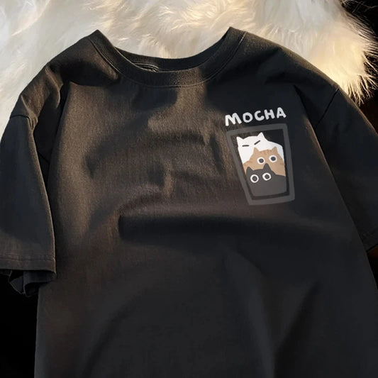 Camiseta Oversize Pareja | Estampado Café y Gatito Mocha Latte Unisex