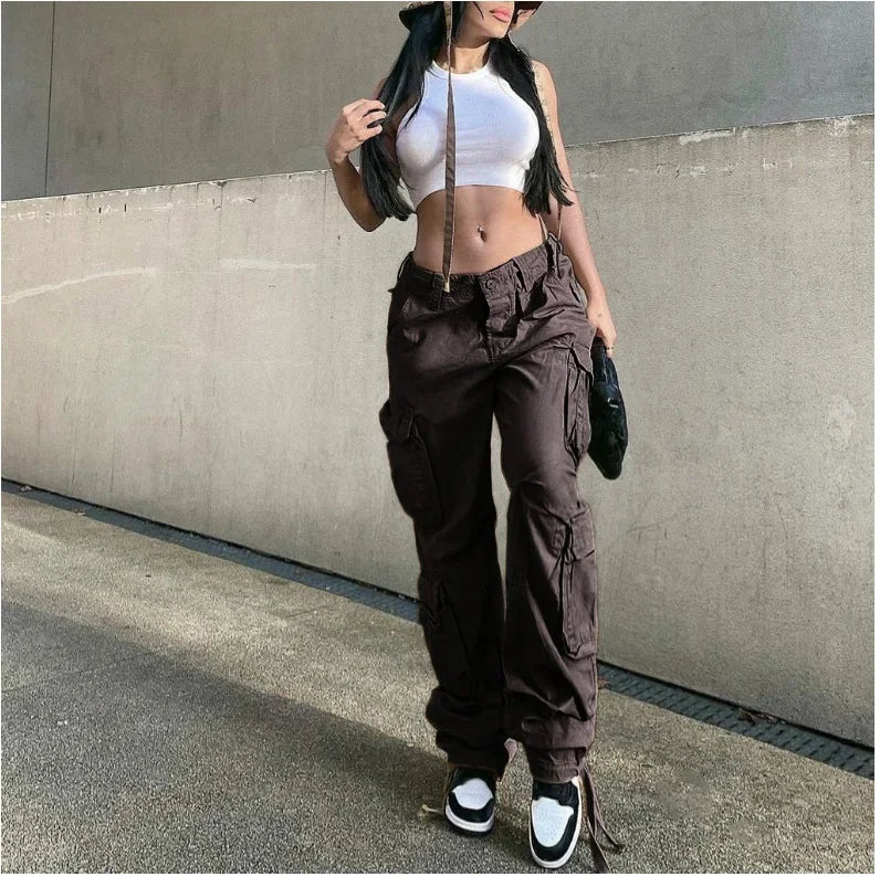 Pantalones Cargo Mujer Otoño Invierno | Jeans Rectos Cintura Alta Pierna Ancha Vintage