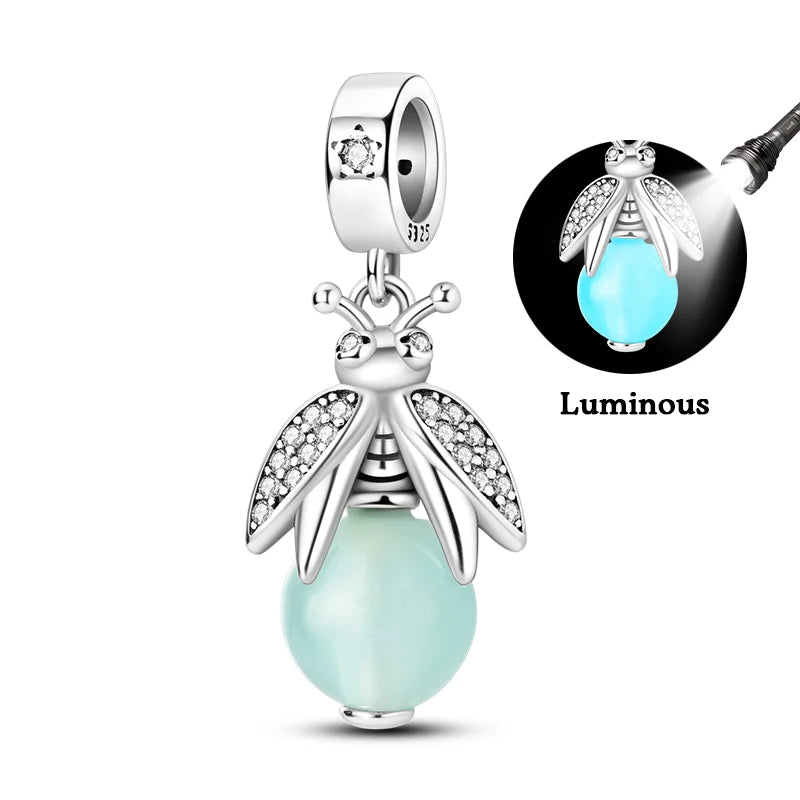 100% 925 Sterling Silver Creative Blue Luminous Firefly Charms Pendants Fit Qikaola 925 Original Bracelets DIY Birthday Jewelry