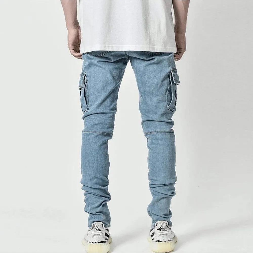Jeans Cargo Elásticos para Hombre – Denim Lavado, Color Sólido, Múltiples Bolsillos, Casual, Slim Fit y Streetwear